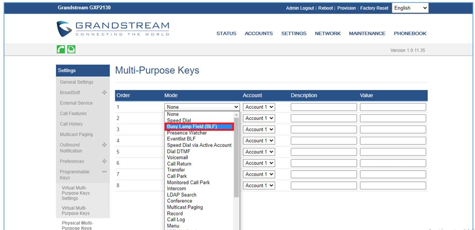 پیکربندی کلید نمایش وضعیت خطوط (BLF)