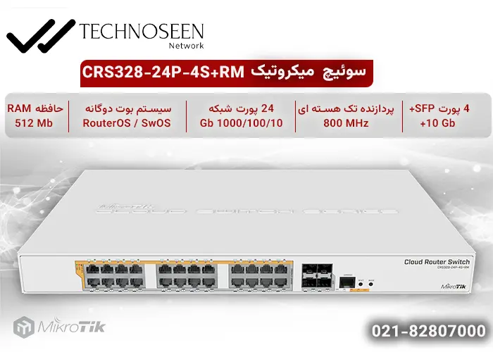 سوئیچ میکروتیک CRS328-24P-4S+RM با 24 پورت گیگابیت و 2 پورت +SFP - تکنوسین